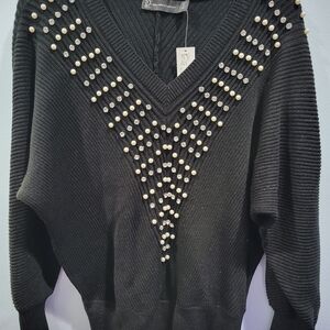 New York & Company Black Sweater with Pearl Embellishments